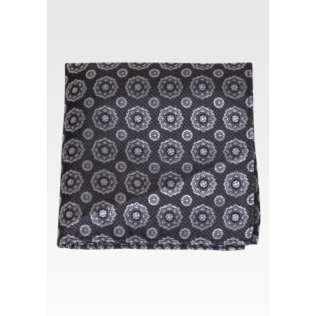 Black and Silver Designer Pocket Square in Pure Silk