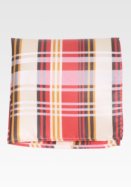 Plaid Pocket Square in Coral Red and Silver
