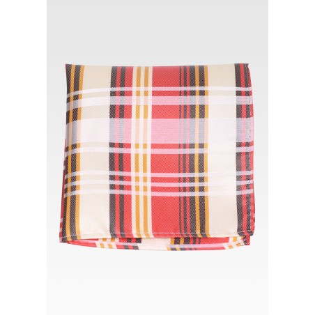 Plaid Pocket Square in Coral Red and Silver