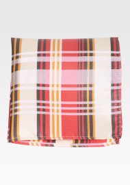 Plaid Pocket Square in Coral Red and Silver