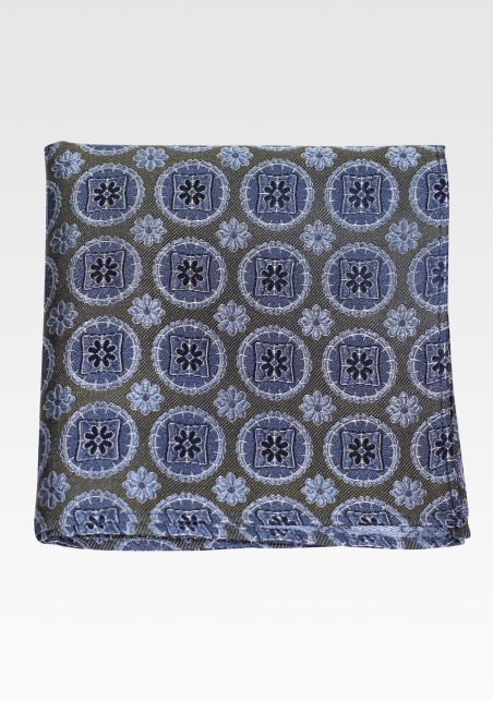 Medallion Silk Hanky in Olive and Blue