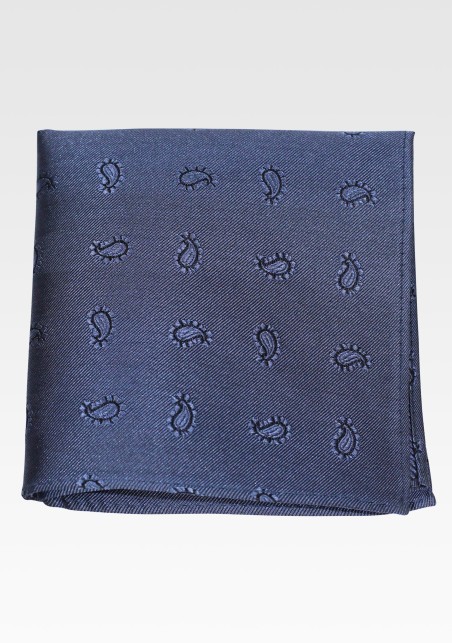 Steel Blue Silk Pocket Square with Woven Paisley