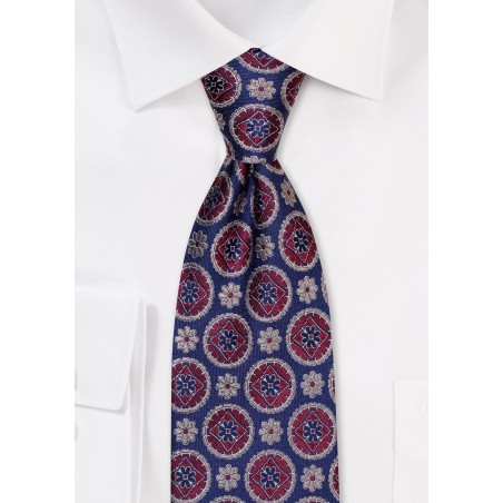 Navy Silk Tie with Wine Colored Medallions