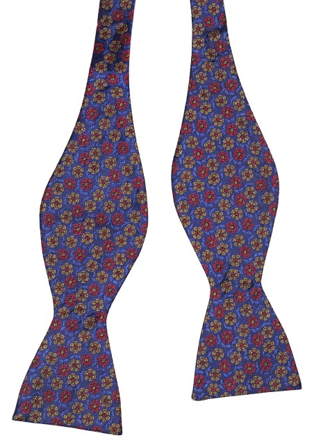 Self Tie Silk Bow Tie with Purple and Gold Floral Design Untied