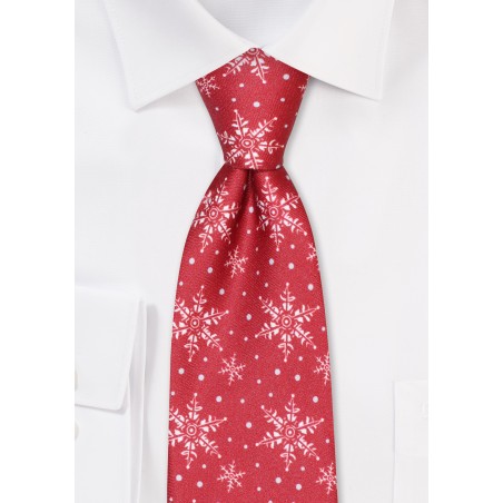 Winter Snowflake Print Tie in Cherry Red