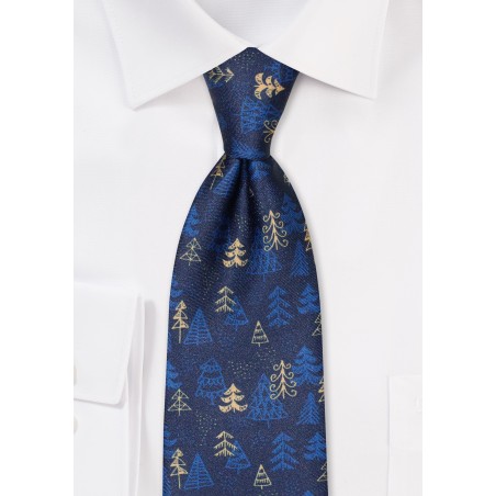 Navy and Gold Holiday Tree Print Necktie