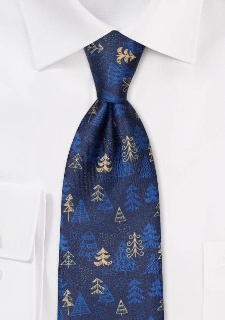 Navy and Gold Pine Tree Print Tie in XL