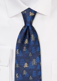 Navy and Gold Pine Tree Print Tie in XL