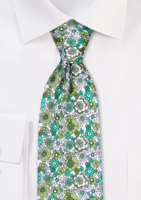Green and White Floral Print XL Tie