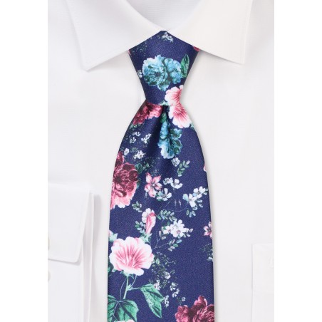 XL Navy Tie with Rose Print
