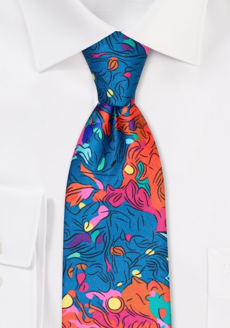 Designer Print Tie in Pine Green, Orange, Red, and Pink
