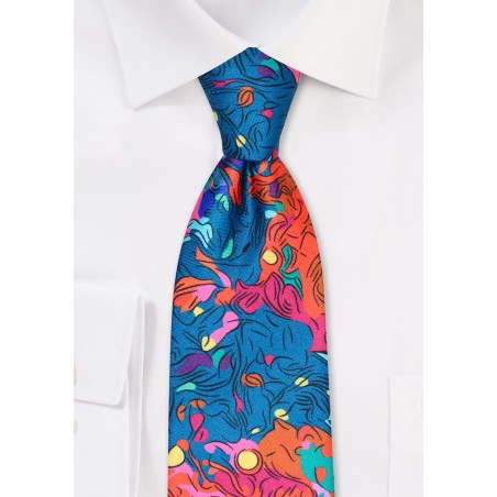 Designer Print Tie in Pine Green, Orange, Red, and Pink