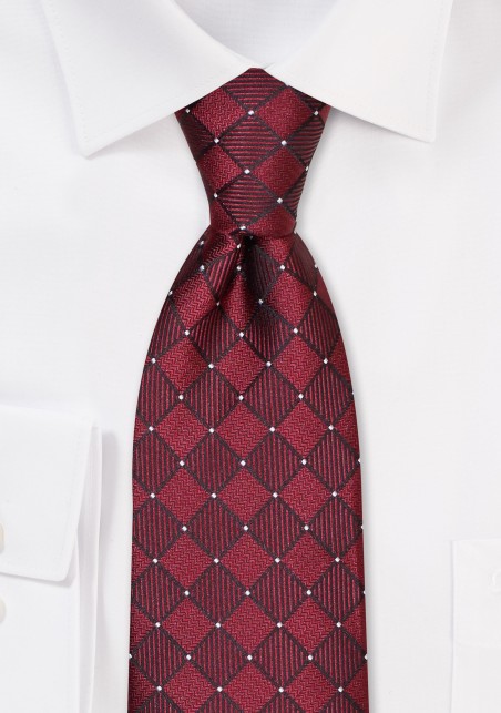 Wine Red Checkered Tie in XL Length