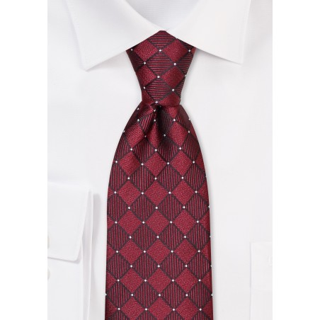 Wine Red Checkered Tie in XL Length