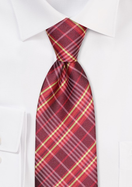 Modern Tartan Tie in Burgundy, Cherry and Gold