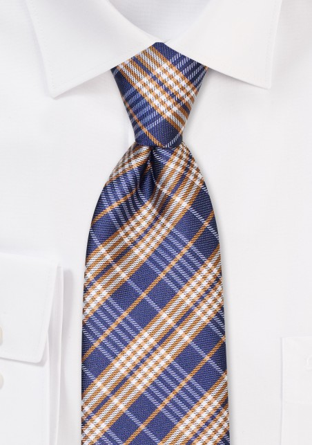 Modern Tartan Tie in Navy and Antique Gold