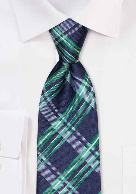 Navy and Green Kids Plaid Tie