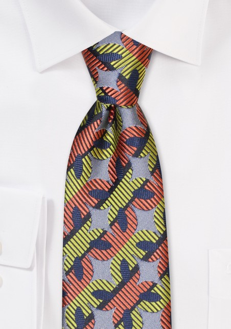 Retro Patterned Tie in Orange and Yellow