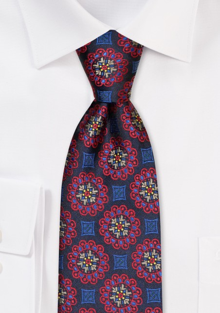 Foulard Weave Tie in Navy, Red, Gold, and Lilac