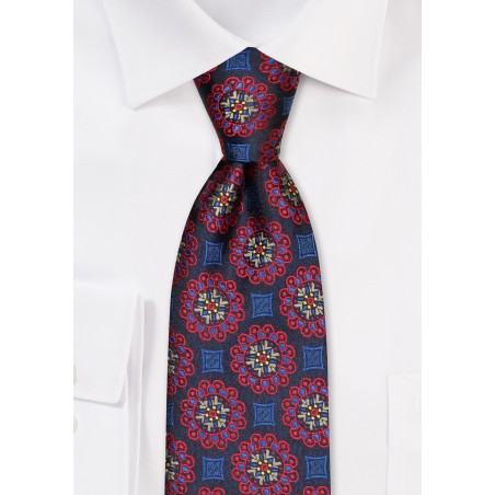Foulard Weave Tie in Navy, Red, Gold, and Lilac