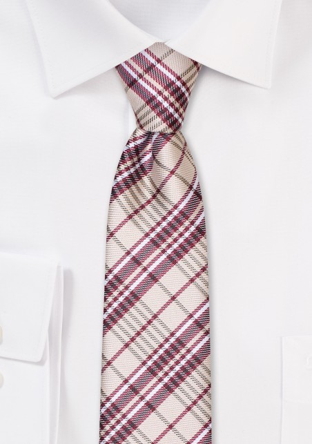 Skinny Plaid Tie in Wheat and Burgundy