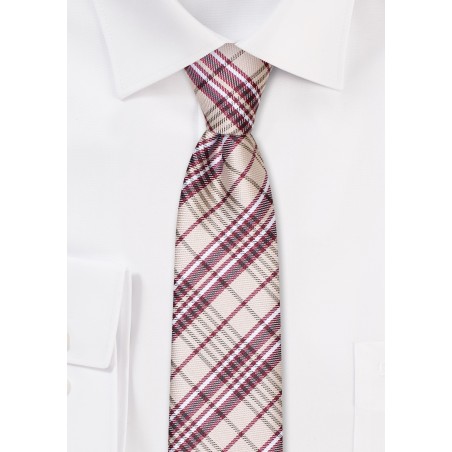 Skinny Plaid Tie in Wheat and Burgundy
