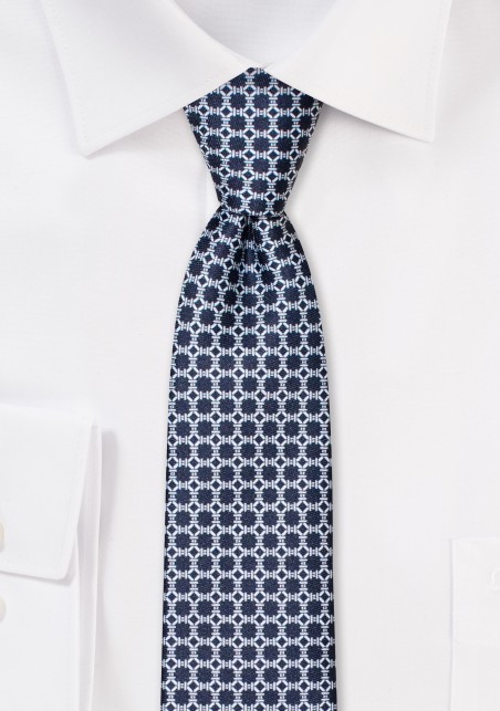 Geometric Print Skinny Tie in Navy