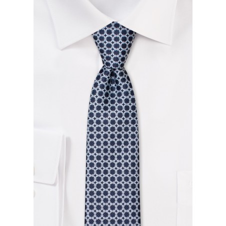 Geometric Print Skinny Tie in Navy