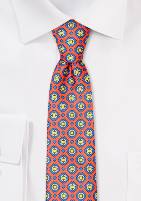 Designer Print Skinny Tie in Pink and Orange