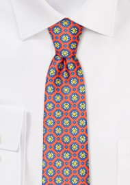 Designer Print Skinny Tie in Pink and Orange