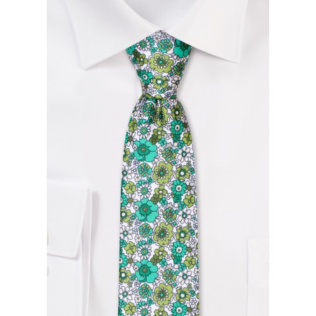 Green and White Floral Print Skinny Tie