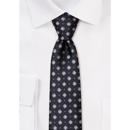 Black Skinny Tie with Gray Floral Weave