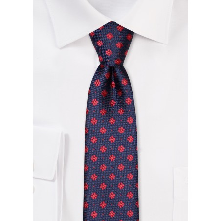 Navy Skinny tie with Cherry Red Woven Florals