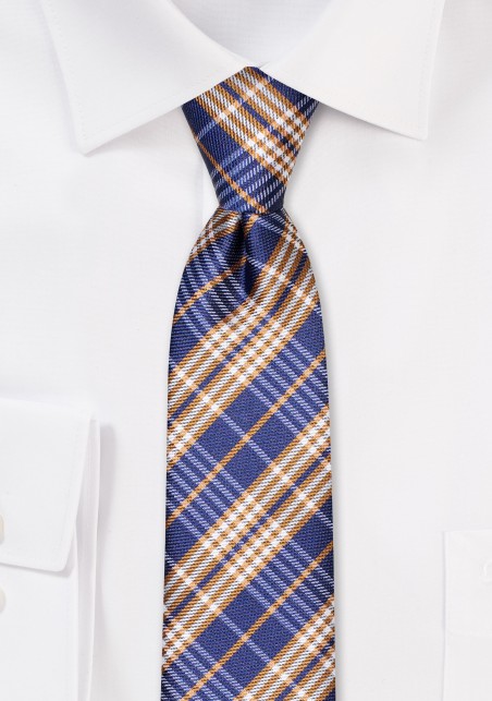 Skinny Tartan Tie in Navy and Golden Tan