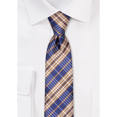 Skinny Tartan Tie in Navy and Golden Tan