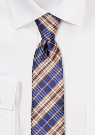 Skinny Tartan Tie in Navy and Golden Tan