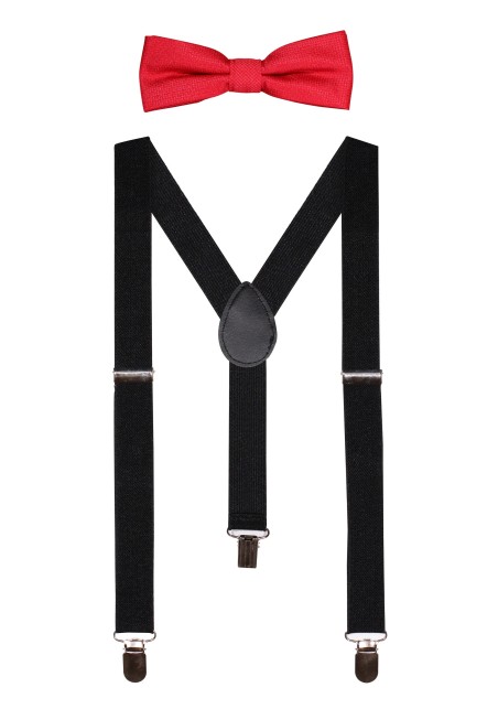 Bright Red Kids Bow Tie with Black Suspenders