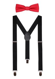 Bright Red Kids Bow Tie with Black Suspenders