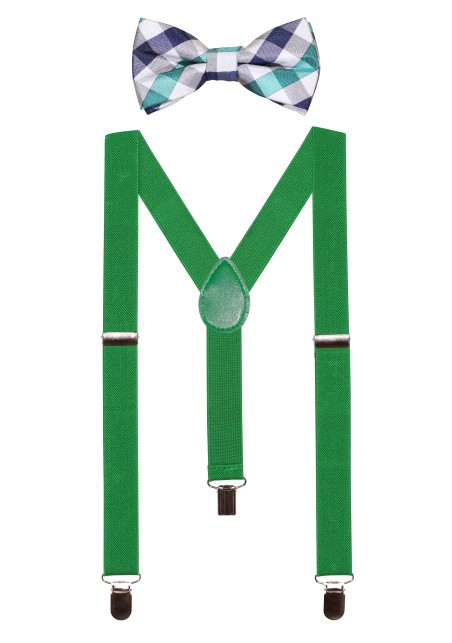 Green Kids Suspender with Plaid Bowtie