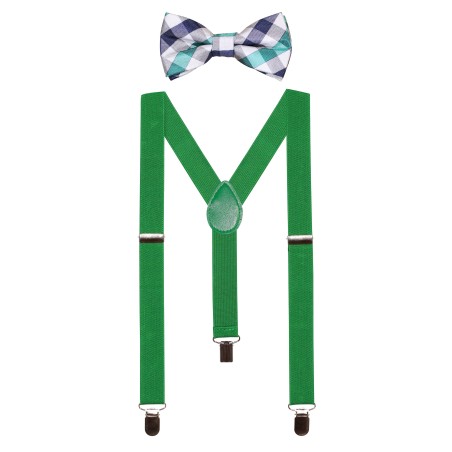 Green Kids Suspender with Plaid Bowtie
