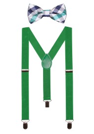 Green Kids Suspender with Plaid Bowtie