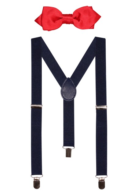 Cherry Red Kids Bow tie with Navy Suspender Set