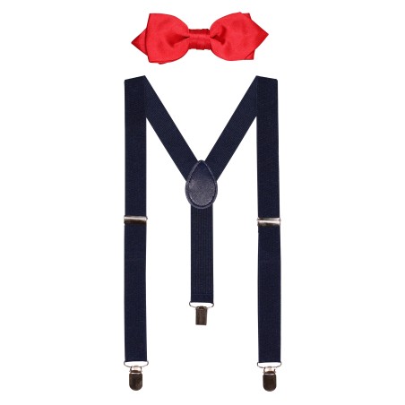 Cherry Red Kids Bow tie with Navy Suspender Set