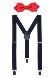 Cherry Red Kids Bow tie with Navy Suspender Set
