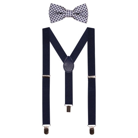 Houndstooth Check Bowtie and Suspender Set in Navy