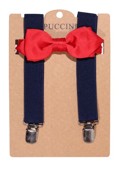 Cherry Red Kids Bow tie with Navy Suspender Set