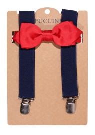 Cherry Red Kids Bow tie with Navy Suspender Set