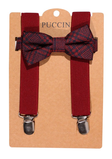 Cherry Red Kids Bow tie with Navy Suspender Set