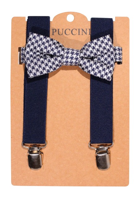 Houndstooth Check Bowtie and Suspender Set in Navy