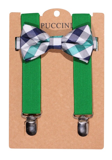 Green Kids Suspender with Plaid Bowtie